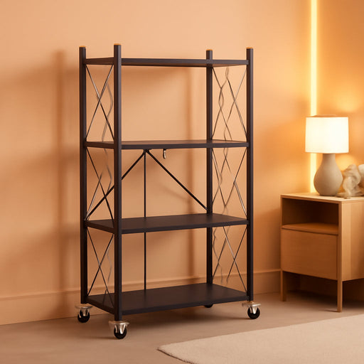 4 Tier Foldable Metal Storage Shelves on Wheels No Assembly | Heavy-Duty Shelf Unit for Kitchen, Garage, Pantry, Basement, Bookshelf, Black