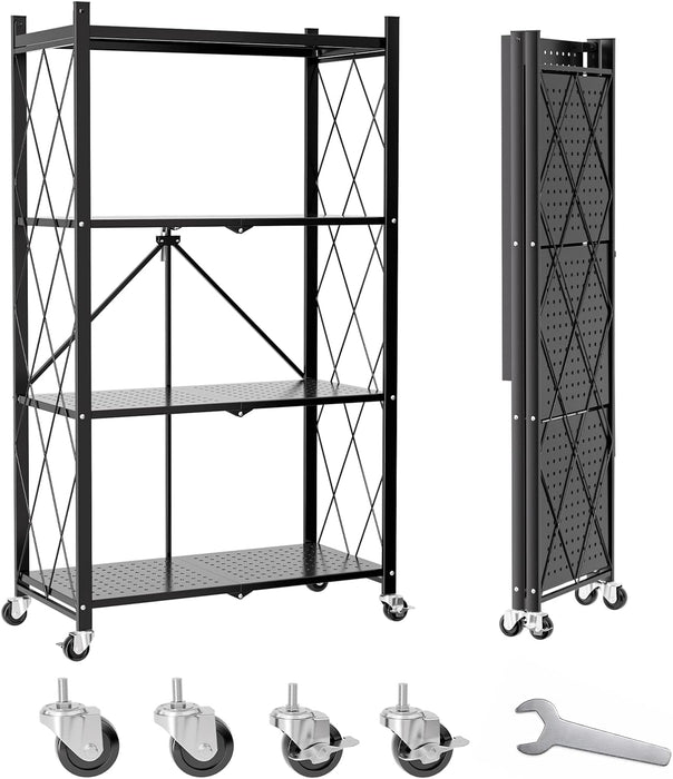 4 Tier Foldable Metal Storage Shelves on Wheels No Assembly | Heavy-Duty Shelf Unit for Kitchen, Garage, Pantry, Basement, Bookshelf, Black