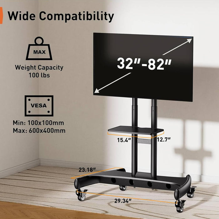 Mobile TV Cart for 32-82 Inch Flat/Curved LED/LCD/OLED Tvs Rolling TV Stand with Height Adjustable Shelf Max VESA 600X400Mm up to 100Lbs- Outdoor TV Stand Trolley with Wheels PGTVMC05-1