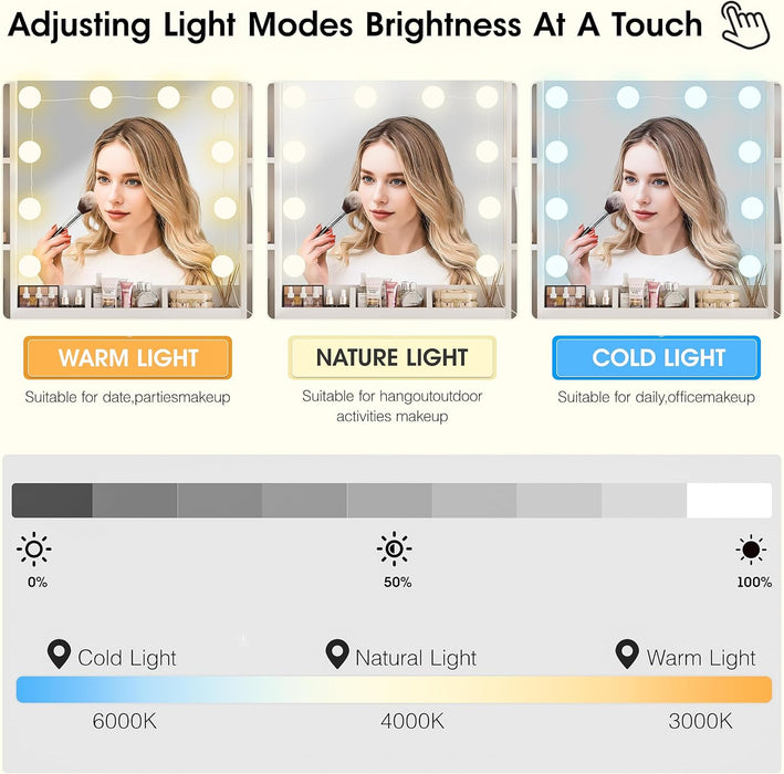 Vanity Desk with Lighted Mirror, Large Makeup Vanity Table Set with Storage Bench & Cabinets, 3 Brightness Mode, 45.2Inch (W), White