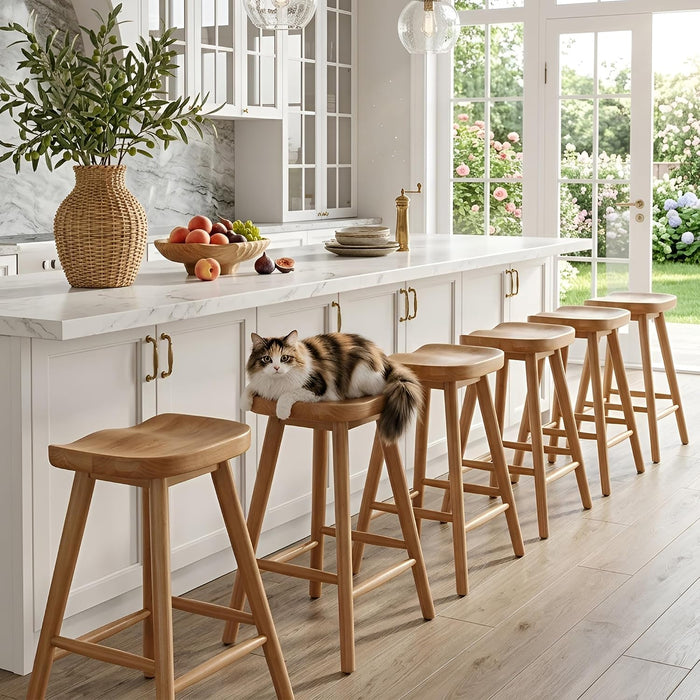 Backless Counter Height Bar Stools Set of 2, 24’’ Rustic Farmhouse Wooden Saddle Stools Ergonomic-Seat Bar Chairs, Bar Height Barstools for Kitchen Counter Island, Brown
