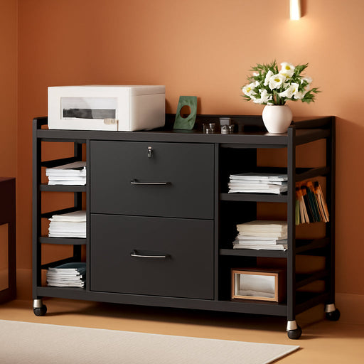 44" File Cabinet, Filing Cabinets Fits Legal, Letter, A4 Size, 2 Drawer Office File Cabinet for Home Office with Lock, Power Strip, 6 Adjustable Shelves & 4 Hooks, Black