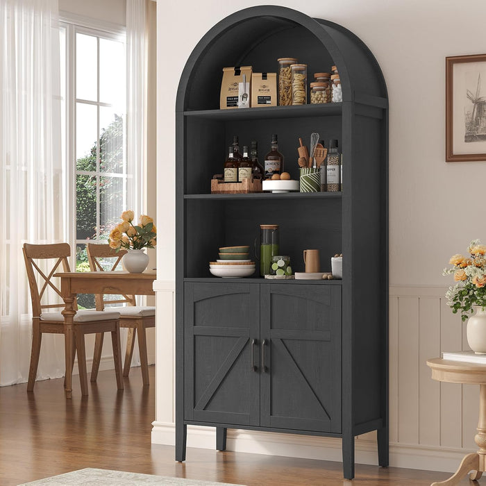 71" Tall Arched Bookshelf, 5-Tier Arched Bookcase with Door & Storage Cabinet, Farmhouse Display Bookshelf Cabinet with Adjustable Shelf, Freestanding Wood Bookcase for Home Office, Study