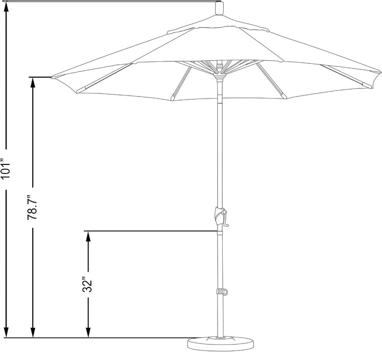 9' round Aluminum Market Umbrella, Crank Lift, Push Button Tilt, Black Pole, Sunbrella Spa