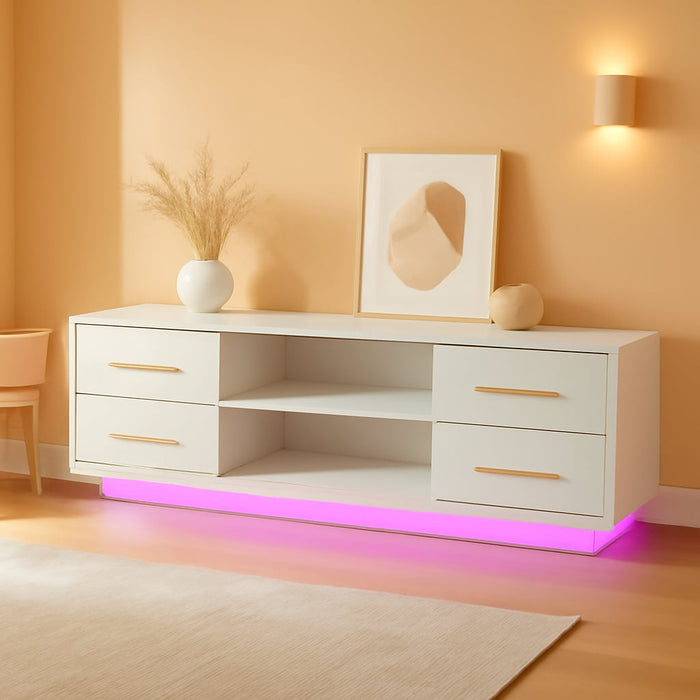 66" TV Stand for Tvs up to 75", LED Light Entertainment Center with Power Outlet, 4 Drawers and 2-Tier Open Shelves TV Cabinet, TV Console for Living Room, Bedroom - Corrigan (White)