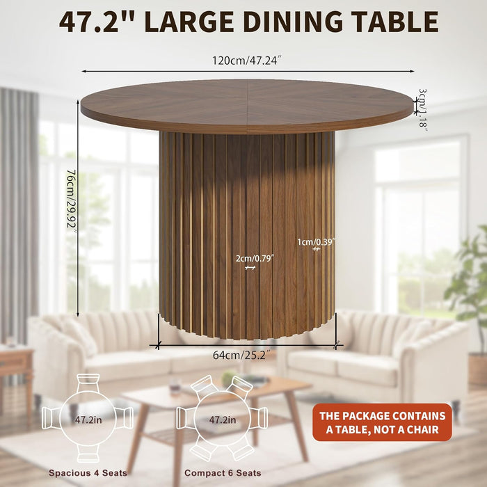 47 Inch round Dining Table for 4-6, Farmhouse Circle Kitchen Table, Mid Century Modern Walnut Dinner Tables with Wood Strip Base for Dining Room, Living Room, Lunch, Rustic