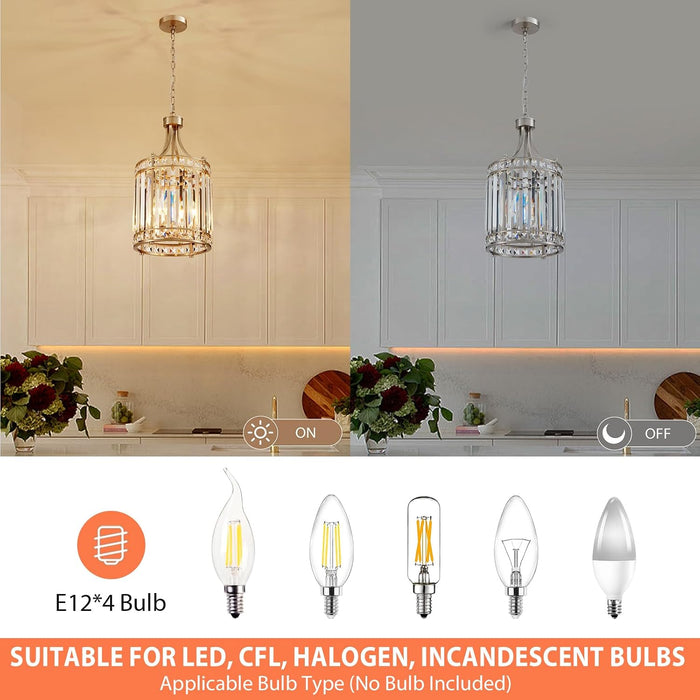 11.8" Modern Crystal Chandelier Brushed Nickel Lantern 4-Light Small Farmhouse Geometric Pendant Lighting Fixture Adjustable Hanging Cage Ceiling Lights for Living Room Dining Room Entryway