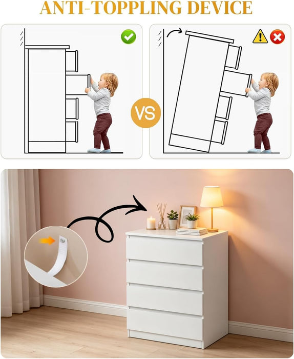 White 4 Drawer Dresser - Modern Chest of Drawers for Bedroom, Small Wood Dressers with Storage, Cut-Out Handles, Anti-Tipping, Living Room, Hallway, Entryway, Home Office
