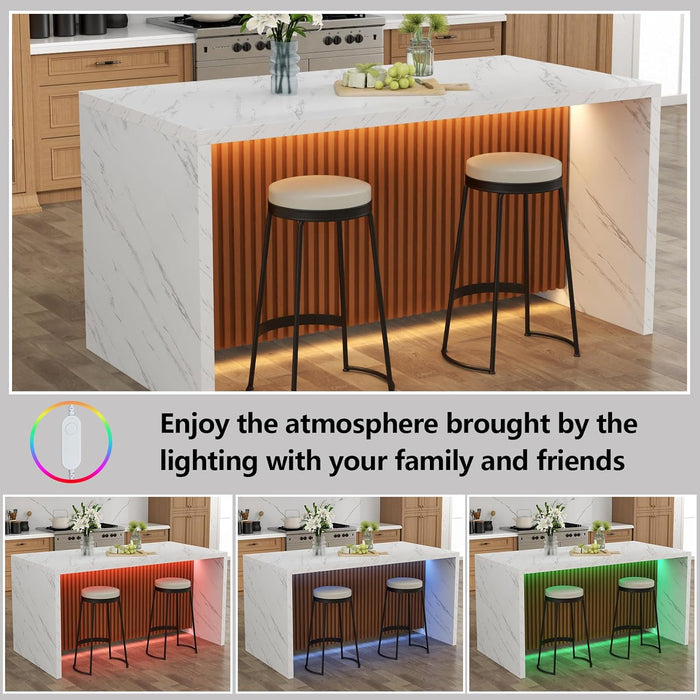 63" Large Imitation Marble Dining Table for 4-6 People, with LED Lights | Modern Kitchen Island Table, Marble Stripes Kitchen Dining Table with Grille Design for Dining Room,Living Room (White)