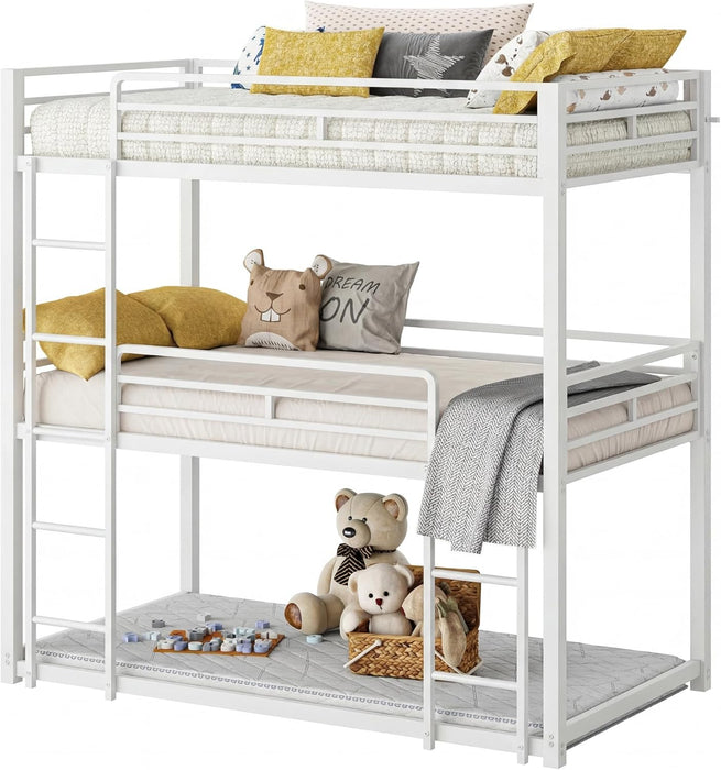 Bunk Bed, Triple Bunk Beds with 2 Ladders, Bunk Beds Twin over Twin over Twin, Metal Bed Frame with Guardrails for Bedroom, No Box Spring Needed, White