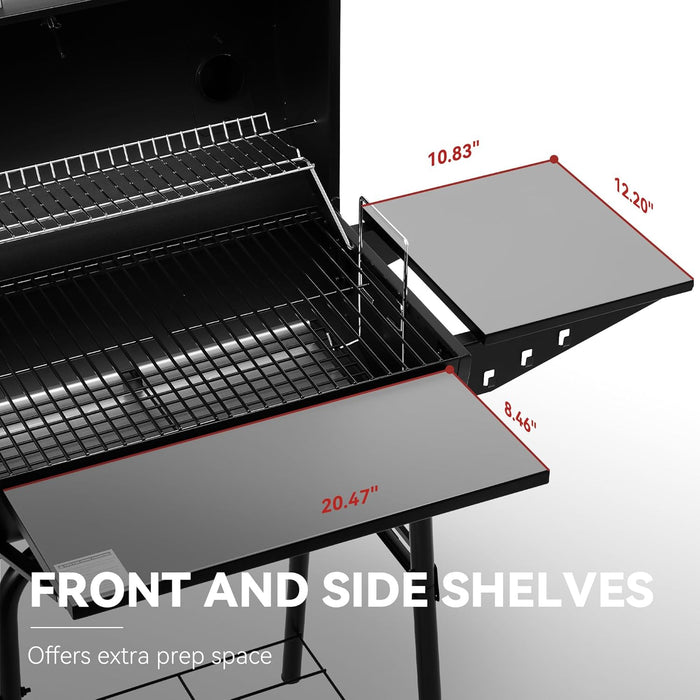 CC1624 Barrel Charcoal Grill, Large Charcoal Grill with Side & Front Shelves, 426 Sq. In. Cooking Grid, Sturdy Side Shelf with Hooks, for Outdoor Backyard and Picnics, Black