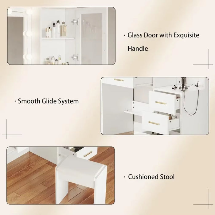 58.3" Large Vanity Desk with Mirror, Lights, 10 LED Lights, 8 Sliding Drawers, 2 Cabinets, Stool, Power Outlet, 3 Lighting Modes