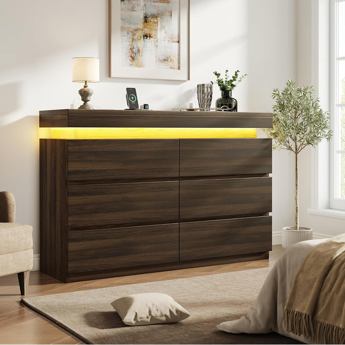 6 Drawer Dresser with LED Lights and Charging Station, Modern Brown Dresser