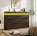 6 Drawer Dresser with LED Lights and Charging Station, Modern Brown Dresser