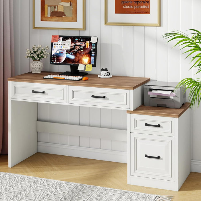 61" Farmhouse Computer Desk with Storage and File Drawer, Executive Desks with Printer Stand, Rustic Large Home Writing Desk for Home Office.