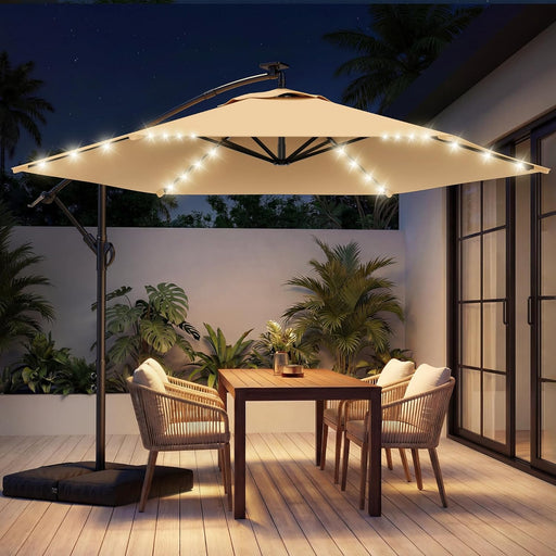10FT Solar Offset Patio Umbrella with Base Included, 5-Year Fade-Resistant Canopy, 45° Easy Tilt Crank, 30MPH Wind-Resistant, Cantilever Hanging Umbrellas for Pool, Deck, Patio (Beige)