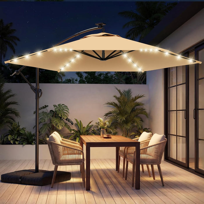 10FT Solar Offset Patio Umbrella with Base Included, 5-Year Fade-Resistant Canopy, 45° Easy Tilt Crank, 30MPH Wind-Resistant, Cantilever Hanging Umbrellas for Pool, Deck, Patio (Beige)