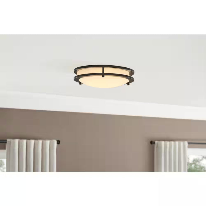 Flaxmere 12 In. Bronze Dimmable Integrated LED Flush Mount Ceiling Light with Frosted White Glass Shade