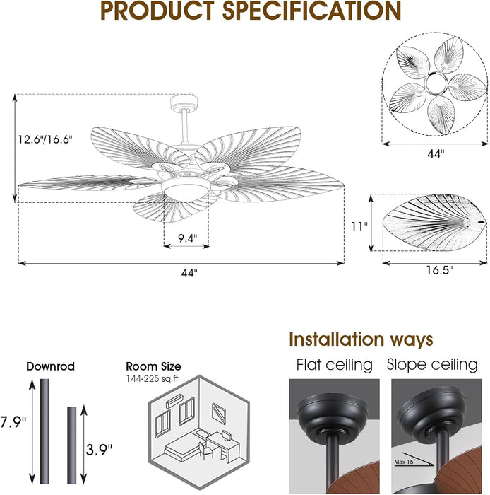44 Inch Brown Outdoor Ceiling Fan With Remote