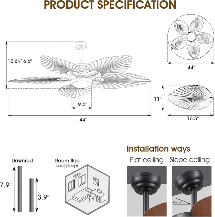 Tropical Ceiling Fans with Lights and Remote/App Control, 44 Inch Palm Leaf Ceiling Fan with LED Lights, Outdoor Ceiling Fans for Patios Porch, Reversible Quiet Motor, Dimmable, Wood Grain