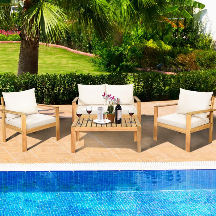 Outdoor 4-Piece Acacia Wood Chat Set, 4 Seater Acacia Wood Conversation Sofa and Table Set with Water Resistant Cushions, Teak Finished (1, White)
