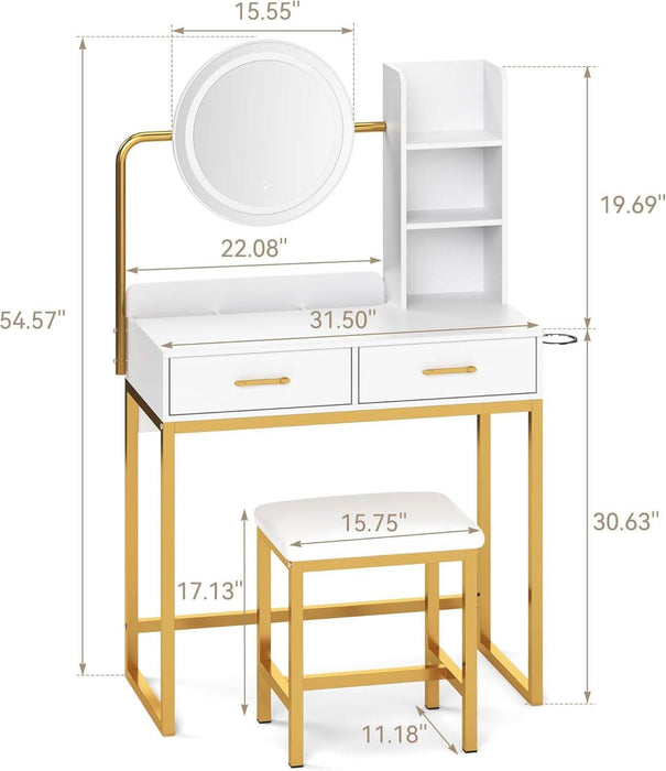Vanity Desk with LED Lighted Mirror & Power Outlet, White Vanity Desk with Adjustable 3 Lighting Modes, Small Vanity Desk for Bedroom, Makeup Vanity with Chair for Girl, Gold and White