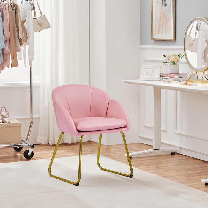 Modern PU Leather Armchair, Flower Shaped Makeup Chair Vanity Chair with Golden Metal Legs for Living Room/Makeup Room/Bedroom/Home Office/Kitchen, Simple Pink