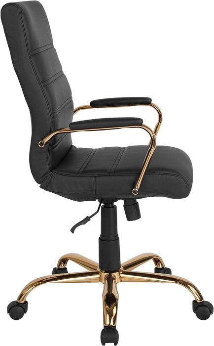 Whitney High-Back Swivel Leathersoft Desk Chair with Padded Seat and Armrests, Adjustable Height Padded Office Chair, Black/Gold