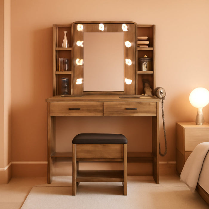 Vanity Desk with Lights,Makeup Vanity with Power Strip,Dressing Table Set with 2 Large Drawers,Vanity Mirror 3 Lighting Color Adjustable,Rustic Brown