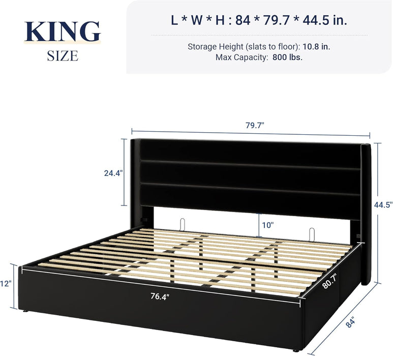 King Size Velvet Lift up Storage Bed, Modern Wingback Headboard, Hydraulic Support, No Box Spring Needed, Black