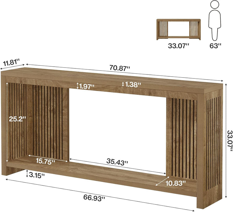 70.9-Inch Long Entryway Table with 2-Tier Storage, Farmhouse Narrow Sofa Console Table with Vertical Stripe Legs, for Entrance, Entryway, Hallway, Foyer, behind the Couch, Brown