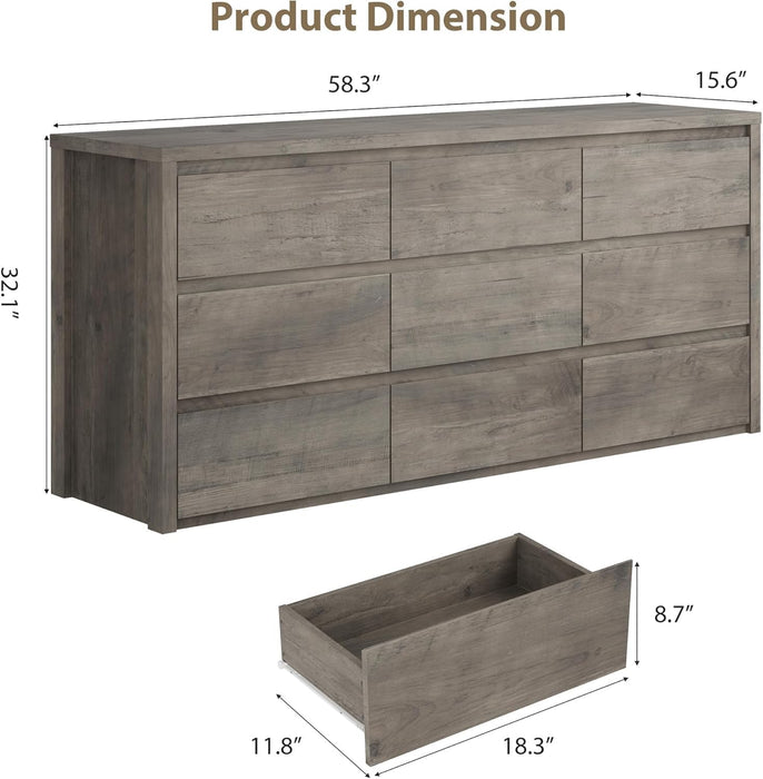 9 Drawer Dresser for Bedroom, Wide Modern Chest of Drawers, Large Wood Dresser Wooden Storage Organizer for Living Room, Hallway Entryway
