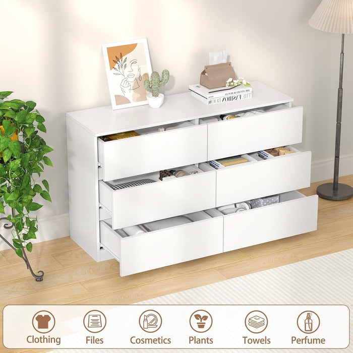 6 Drawer Dresser for Bedroom, Modern White Chest of Drawers No Handles Large Storage, Wood Dressers with Wide Drawers for Closet, Living Room, Home Office(43.3" W X13.4 Dx 26.4" H)