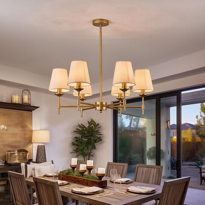 Gold Chandelier with Shades 6 Light Ceiling Light Fixture with Linen Fabric Farmhouse Pendant Lights for Bedroom Kitchen Dining Room Living Room Foyer