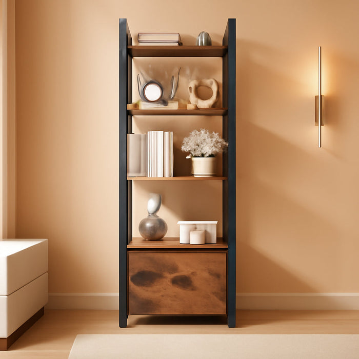 5 Tier Bookshelf with Drawer, Tall Narrow Bookcase with Shelves, Wood and Metal Bookshelves Storage Organizer, Industrial Display Standing Shelf Unit for Bedroom, Living Room, Rustic Brown