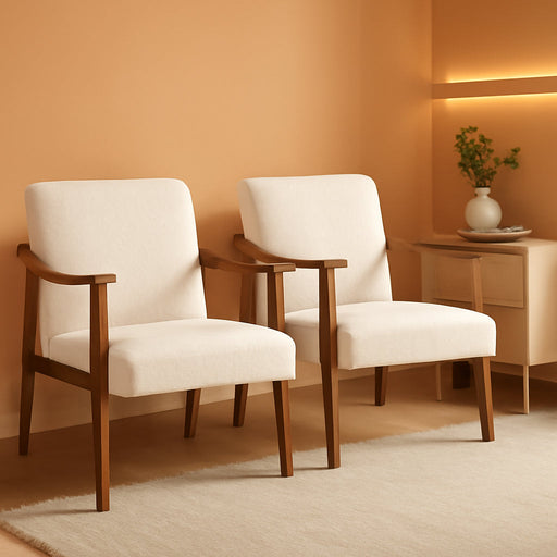 Fabric Accent Chair, Mid-Century Modern Armchair with Solid Wood Legs, Reading Leisure Chair with High Back for Living Room Bedroom Waiting Room, Set of 2, Ivory