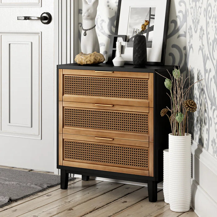 Aril 3-Drawer Woven Cane Front Accent Chest, Mid Century Modern 3 Drawers Nightstand