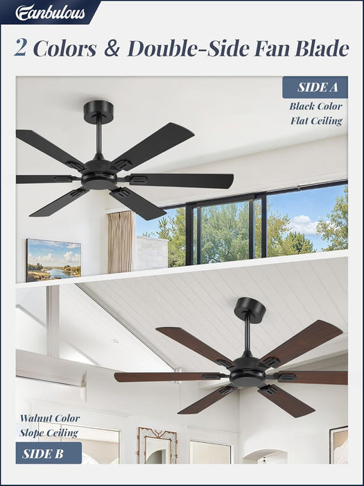 52 Inch Ceiling Fans No Light with Remote, Modern Ceiling Fan without Light, Dual Finish 6 Blades, Reversible Quiet DC Motor, 6 Speed, Large Ceiling Fan for Indoor or Covered Outdoor, Black