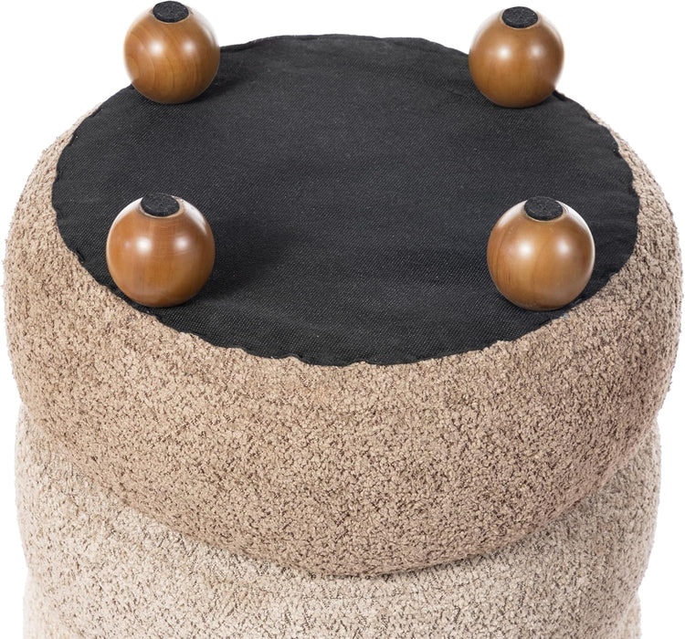 round Ottoman with Storage, Small Foot Stool, Modern Accent Stool Upholstered Vanity Stool with Rubberwood Ball Feet for Bedroom Living Room Dorm Room, Gradient Brown