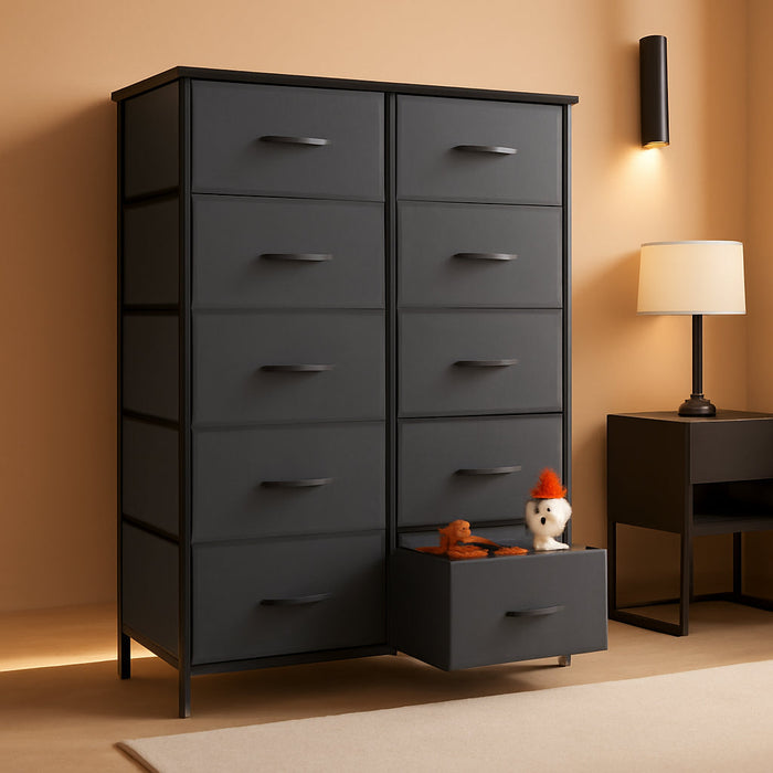 Dresser, Tall Dresser for Bedroom, Drawer Dresser Organizer Storage Drawers with 10 Drawers, Chest of Drawers with Fabric Bin, Steel Frame, Wood Top for Bedroom, Closet, Entryway
