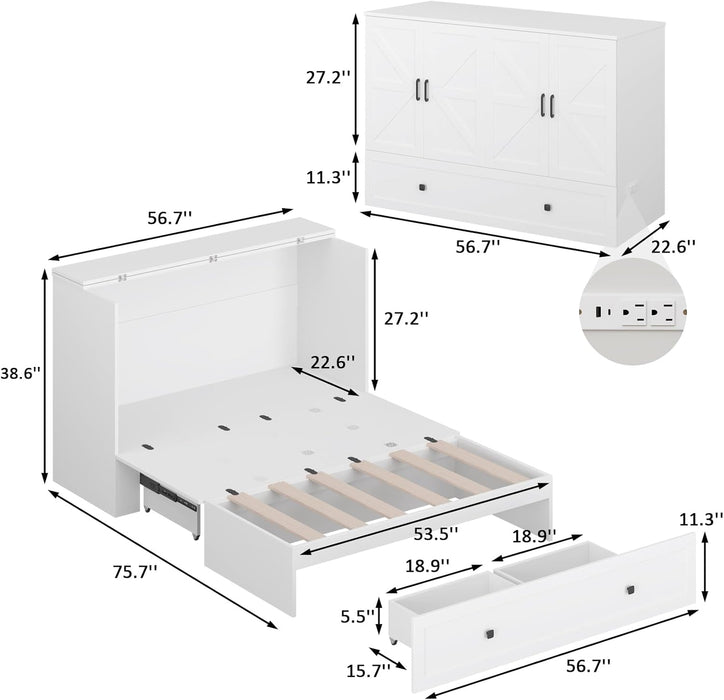 Full Size Murphy Bed with Charging Station - Wall Mounted Hideaway Cabinet Bed, Foldable Panel & Large Storage Drawer for Home Office,Small Room,Guest Bedroom,Living Room, White