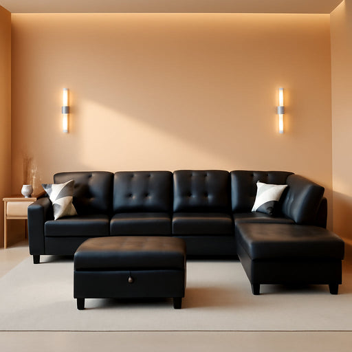 Black L-Shaped 3-Piece Faux Leather Sofa with Storage Ottoman Set, Sectional Couch Leather-Like Sofa Set for Living Room, Office, Small Space