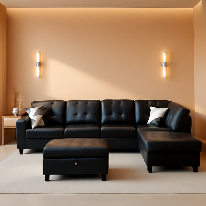 Black L-Shaped 3-Piece Faux Leather Sofa with Storage Ottoman Set, Sectional Couch Leather-Like Sofa Set for Living Room, Office, Small Space