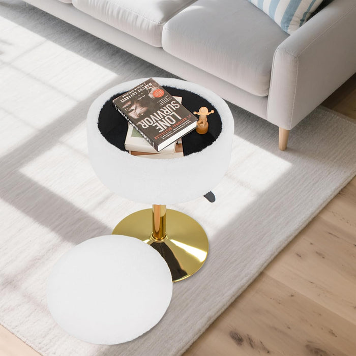 Adjustable Vanity Stool with Storage, 360° Swivel Gold Chair, Faux Fur Small round Ottoman Footrest for Bathroom, Makeup Room, White