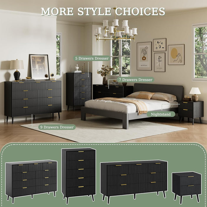 55" Wide Fluted Dresser for Bedroom with 7 Drawer, Modern Chest of Drawers with Curved Profile Design and Metal Handles, Wood Dresser TV Stand & Storage Organizer for Living Room, Black