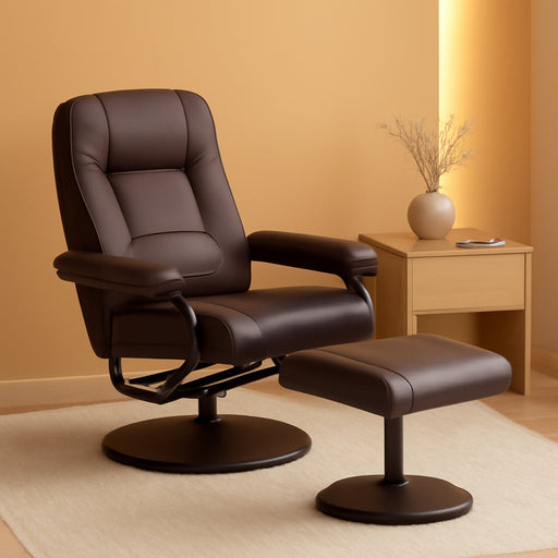 Recliner Chair with Ottoman, 360° Swivel Faux Leather Reclining Chair W/Adjustable Backrest, Footrest, Sturdy Metal Base, Upholstered Armchair for Living Room Bedroom Study, Office, Brown