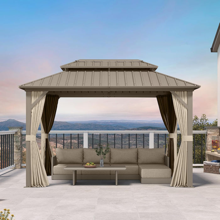 8x12 Foot Champagne Aluminum Gazebo Featuring Curtains