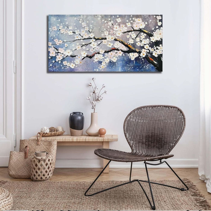 Plum Blossom Painting Wall Art for Living Room Blue and White Wall Art for Office Women Modern Art Wall Decor Bedroom Size 20 X 40 Inch