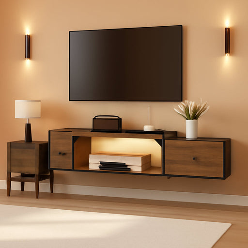 Floating TV Stand with Power Outlet 55", Wall Mounted Entertainment Center with LED Lights, Floating TV Shelf with Drawer, Wall Mounted Media Console Shelf for Living Room, Bedroom