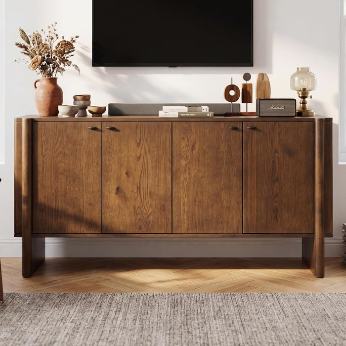 Brown Sideboard Buffet Cabinet, Modern Storage Accent Entryway Cabinet with 4 Doors, Farmhouse Wooden Buffet Media Console Credenza for Living Room/Kitchen/Hallway